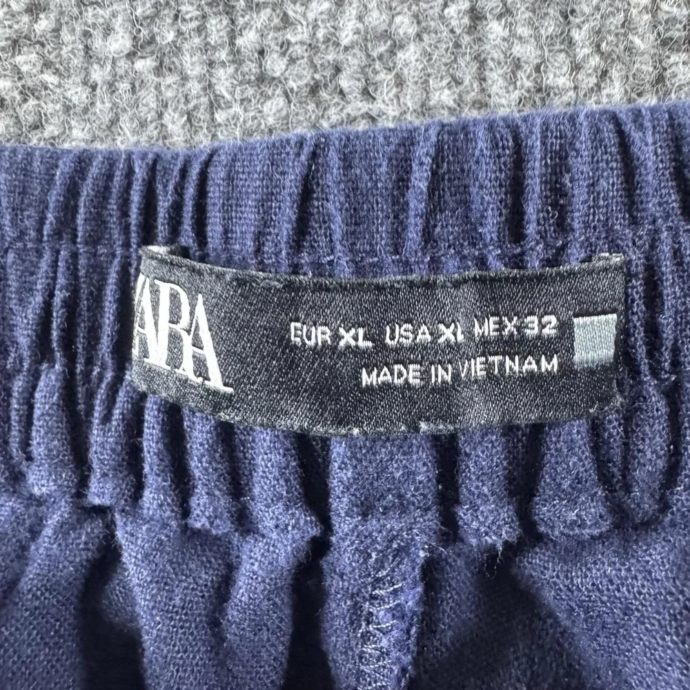ZARA Sweatpants Womens XL Blue Linen Wide Leg Relaxed Elastic Drawstring